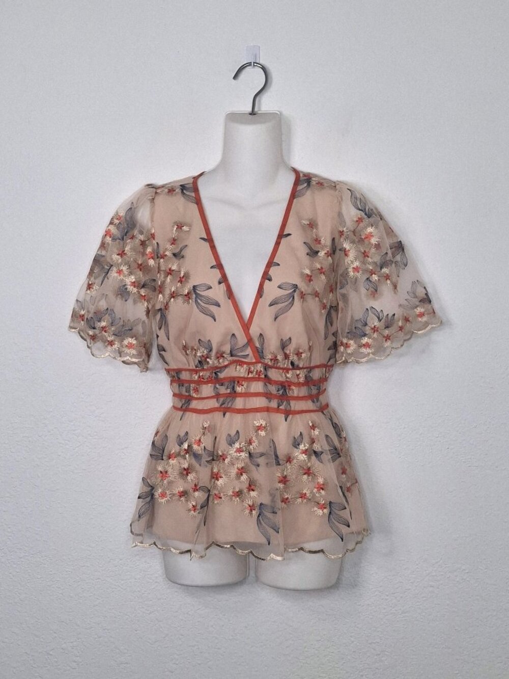 Chelsea & Violet Floral Embroidered Blouse Sz S Peplum Y2K 90s Boho Whimsygoth